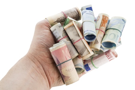 Hand with currency - take my money concept. Isolated on white with patchの写真素材