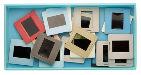 Blue box with old dusty negatives and slides の写真素材