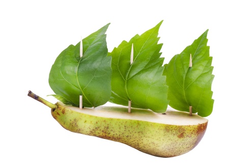 Half of a pear, toothpick as masts, green leaves as sails isolated. Green Peace conceptの写真素材