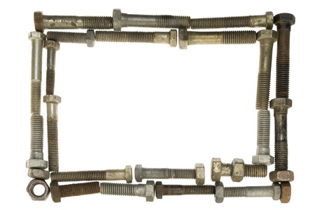 Frame is made from old rusted bolts and nuts isolated