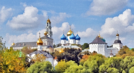 Panorama of a monastery known and esteemed in Russia "Troice-Sergieva Lavra", a sunny day. Oiil abstract art iomageのeditorial素材