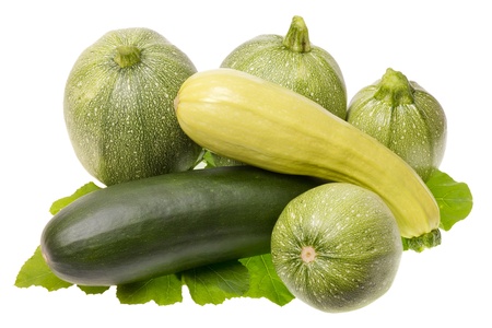 The ripe green  pumpkins and vegetable marrows  for Halloween with leaves  isolatedの写真素材