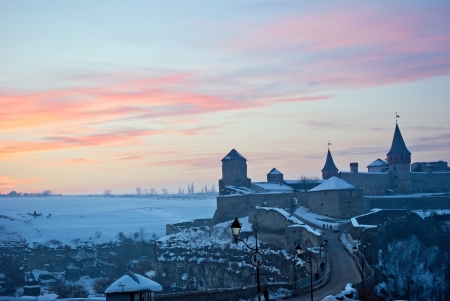 The beginning of day - sunrise  - over the cold frozen winter old European city landscape. Selective focusのeditorial素材