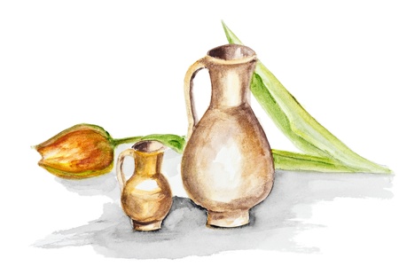 naive child still life with orange tulips and clay jars isolated - handmade watercolor painting illustration on a white paper art backgroundの写真素材