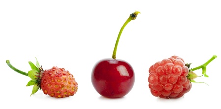  Red real wild forest strawberry, raspberry and cherry   berries  row  isolated macroの写真素材