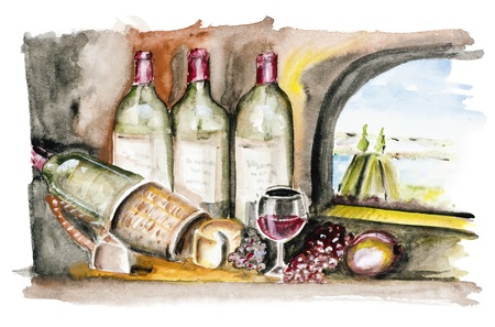 Bottle-aged French wine, cheese and grapes in the kitchen of the castle. Outside the window, summer...