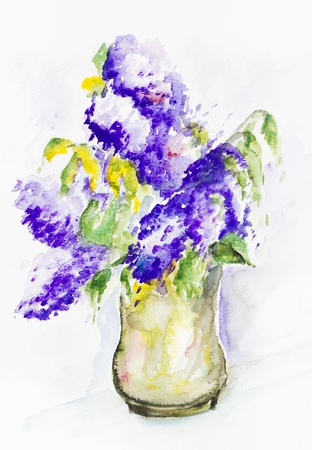 First impression of a magnificent bouquet of a spring lilac flowers - handmade watercolor  painting illustration on a white paper art backgroundの写真素材