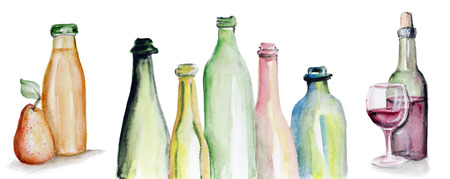 Art watercolor handmade  triptych - the Real Truth in Wine and Juice. Concept. Isolatedの写真素材