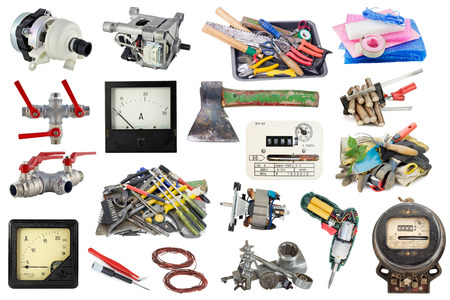 Used garden and home tools set collage isolatedの写真素材