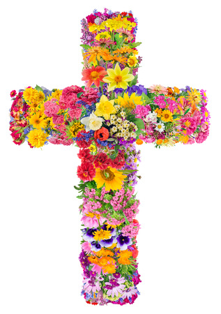 Flowers of a cross of Jesus in my heart concept. Collage from summer plants. Isolated. You can find all the full sized images in my portfolio.の写真素材