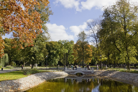 VILNIUS, LITHUANIA - OCTOBER 05: Autumn holiday opening of a new city municipal "Bernardinu"' park in Vilnius on October 05, 2013. Reconstruction of the park was conducted two years and cost 5 million eurosのeditorial素材
