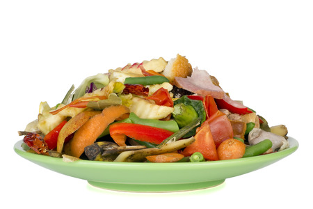 Salad of food waste and garbage on a green plate. Food of the future macro concept. Isolatedの写真素材