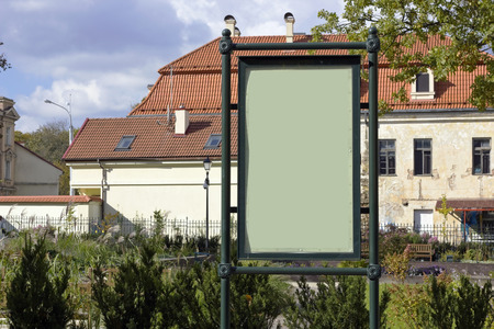 Retro style iron billboards in autumn city park. Sunny day. Mass production. Contains patches. Selective focusのeditorial素材