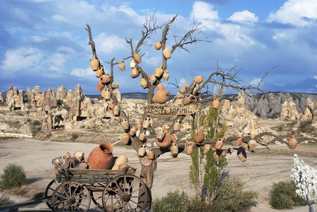 The Christmas Turkish tree is decorated  ceramic clay pots. Mountain landscape. Art focusの写真素材