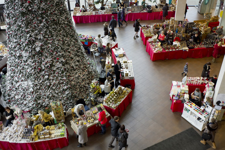 VILNIUS, LITHUANIA - DECEMBER 13, 2014: Christmas fair of souvenirs and delicacies in Panorama hypermarket. Panorama is the largest shopping place in the capital of Lithuania. Bird's-eye viewのeditorial素材