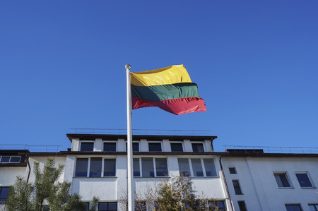 Flag of the state of Lithuania on a flagstaff near a rural house