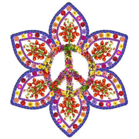 Peace floral and love mandala  made from summer flowers. Isolated abstract handmade collageの写真素材