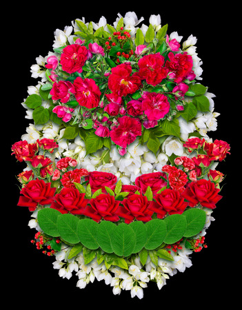 Mourning funeral  wreath and bouquet. Isolated on black handmade abstract collage from white and red...