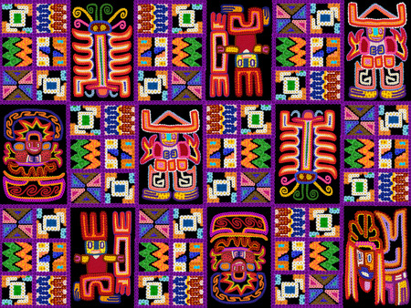 Carpet rug  with  patterns in style of the American Indians. Symbols of the sun, hare, god, man,...