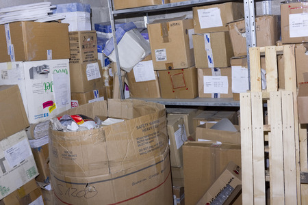 VILNIUS, LITHUANIA - JANUARY 29, 2016: The paper archive of the small service center for repair of consumer electronics is located you the cellar. Under the law - it is necessary to store accounting documents 7 yearsのeditorial素材