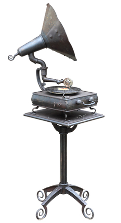 Old  retro  no name the tin vinil record player rusts in the rainの写真素材