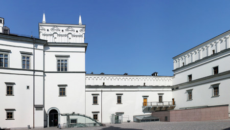 VILNIUS, LITHUANIA - MAY 29, 2016: It is a courtyard of the restored historical Palace of All Lithuanian Kings (Valdovu Rumai). There is a glass entrance to the museum and the elevator for disabled peopleのeditorial素材