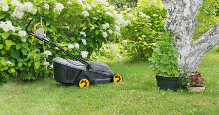 VILNIUS, LITHUANIA - JULY 10, 2016: Electric  mower known German "Vagner SDH"  brand near blossoming  hydrangea . It is ready to mow a grass in a small farmer Lithuanian gardenのeditorial素材