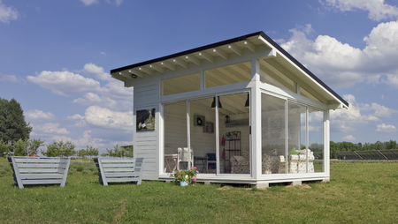 VILNIUS, LITHUANIA - JULY 02, 2016: Lavender Village in Kiemeliu rural area  is the Lithuanian first farm on cultivation of a blue  aromatic flowers. Small summer lodge for romantic first newly married nightのeditorial素材