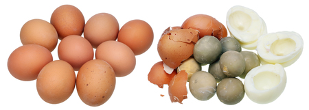 These are boiled whole eggs, whites, yolks and an egg shell. Isolated big set