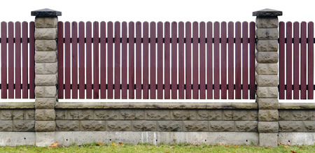 Fence made from red wooden vertical planks. Isolated with path fragmentの写真素材