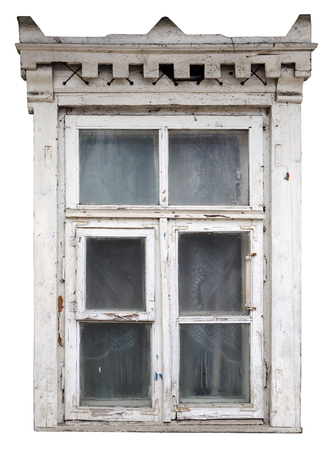 The strange destroyed white window in the wooden house. Isolatedの写真素材