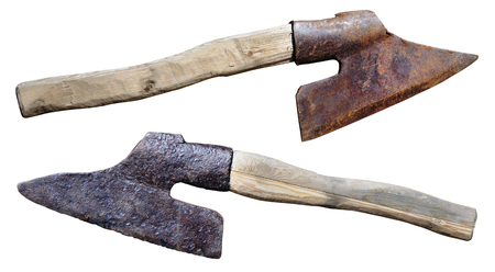 Rusty old rusty vintage medieval iron ax set. Isolatedの写真素材