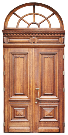 Modern oak street door in vintage retro style. Mass production of urban architecture. Frame and gl;ass Isolated on white with patch.の写真素材