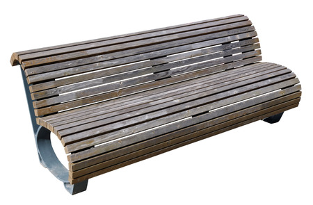 The bench for rest in the public park is made of curves of steel pillars and long oak staves. Isolated on white woth patchの写真素材