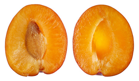 Two halves of one ripe sweet plum fruit. Isolated on white studio macro shotの写真素材