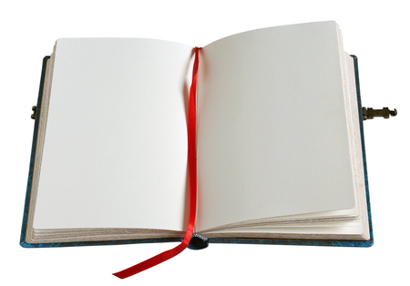 Open old retro book with blank pages,  blue cover and metal clasp. Isolated on white with patchの写真素材