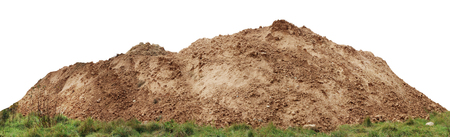 A large pile of construction sand  on forest grassy site. Isolated on white  panoramic collage from several outdoor shotsの写真素材