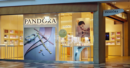 VILNIUS, LITHUANIA - OCTOBER 14, 2018:  Boutique of an elite jewelry Pandora brand in a Panorama...