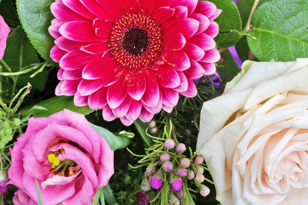 A beautiful bouquet as a gift for a  lovely woman. Closeup studio floral backgroundの写真素材