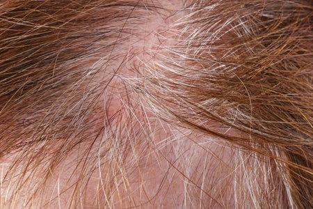 Sore greasy skin and sparse gray hair on the head of a senior  elderly woman. Studio macro shotの写真素材