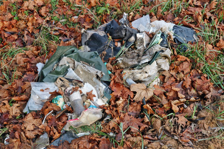 A pile of decayed industrial urban plastic trash left in the autumn  forestの写真素材