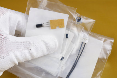 IT industry engineer holds in hand plastic bags with electronic components - transistors and resistors. Mass production. Modern technology  macro concept.の写真素材