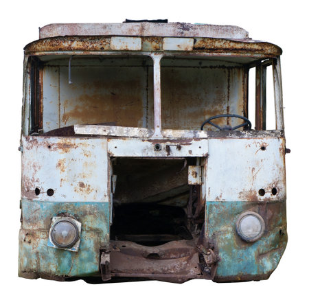 Decayed rusty nameless car van body  for transportation of agricultural products and bread thrown in the forest. Isolated on white front viewの写真素材