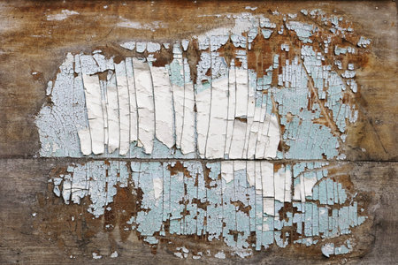 A stain of peeling old paint on a vintage wooden door looks like a map of the USA. This is a real outdoor photo - not an illustration.の写真素材