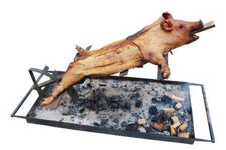 A young pig body  is fried on coals in a street restaurant. Isolated on white. Natural colors simplestic imageの写真素材