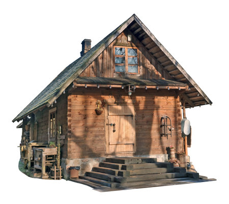 Usual nonsme wooden vintage  rural barn for storage of firewood and agricultural tools. Isolated with patchの写真素材