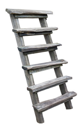 Old rotten staircase made of sturdy oak planks. Isolated on whiteの写真素材