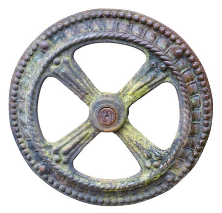 Rusty metal retro small wheel from an  agricultural  machinery valve. Isolated on white  with patch outdoor objectの写真素材