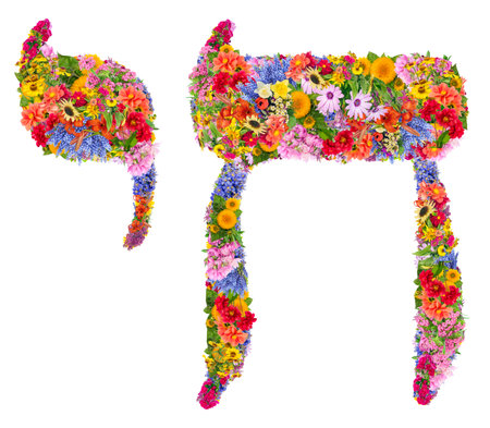 Chai  figures prominently in modern Jewish culture; the Hebrew letters of the word are often used as a visual symbol. Isolated collage from flowersの写真素材