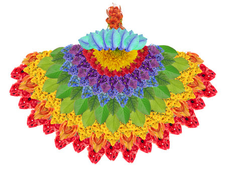 The symbol of the Ayyavazhi is a lotus carrying a flame-shaped white Namam. The lotus represents the 1,008-petalled Sahasrara. Isolated collage from flowersの写真素材